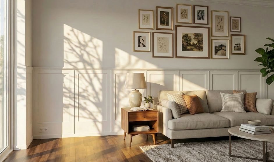 Wohnzimmer mit Wandvertäfelung Modell Plana über mehrere Wandflächen, Beispielvisualisierung